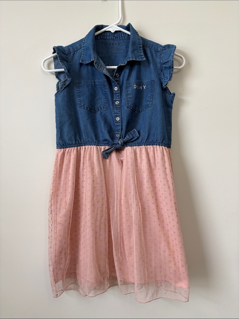 DKNY Denim Top with Pink Tulle Skirt Girls Dress